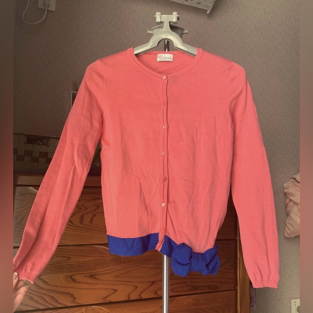 Red Valentino Pink Knit Cardigan with Blue Hem and Blue Bow